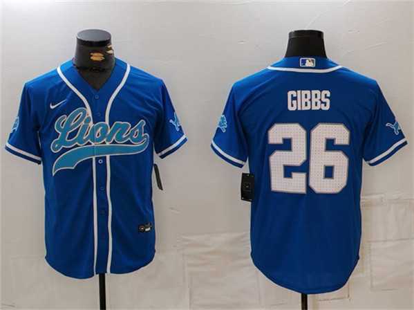 Mens Detroit Lions #26 Jahmyr Gibbs Blue Cool Base Stitched Baseball Jersey